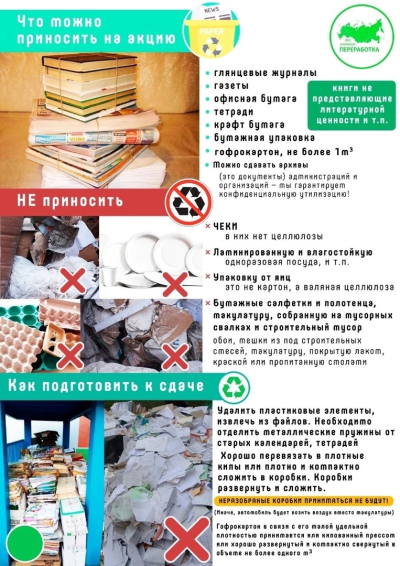 Прием макулатуры, акция в рамках Всероссийского Эко-марафона ПЕРЕРАБОТКА "Сдай макулатуру - спаси дерево"