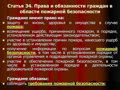 Статья 34. Права и обязанности граждан в области пожарной безопасности